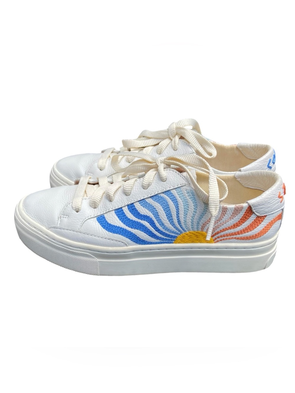Anthropologie White Leather Sneakers with Blue & Orange Sunburst Embroidery